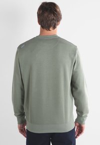 Sweatshirt vert olive avec des manches longues, un col rond, des poignets et un ourlet côtelés. Présente un logo brodé sur l'épaule gauche. Texture lisse.