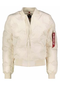 Puffjacke in Off-White, mit Reißverschluss vorne, gerippten Bündchen und Saum sowie einer Seitentasche mit einem roten Stofftag. Strukturierte Oberfläche mit Mustern.