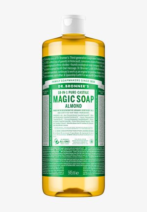 Dr. Bronners 18-in-1 Pure-Castile Mandelzauber-Seife in einer 945-ml-bernsteinfarbenen Flasche mit weißem Verschluss und detailliertem grün-weißem Etikett.