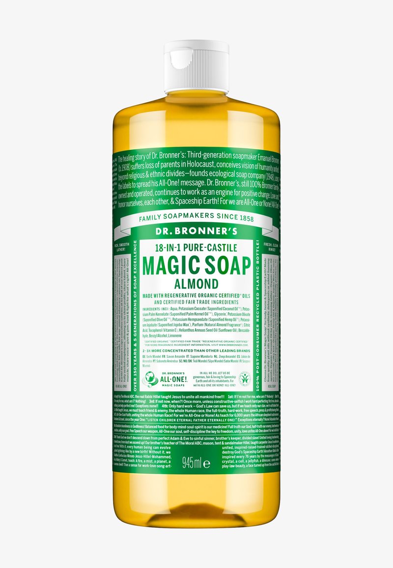 Dr. Bronners 18-in-1 Pure-Castile Mandelzauber-Seife in einer 945-ml-bernsteinfarbenen Flasche mit weißem Verschluss und detailliertem grün-weißem Etikett.