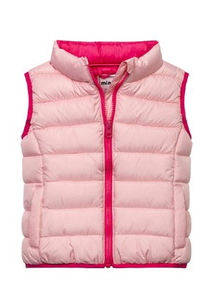 Lyserød dunvest med høj krave, der har vandrette, quiltede sektioner og en lyserød lynlås. Ærmeløs. Rektangulær form.