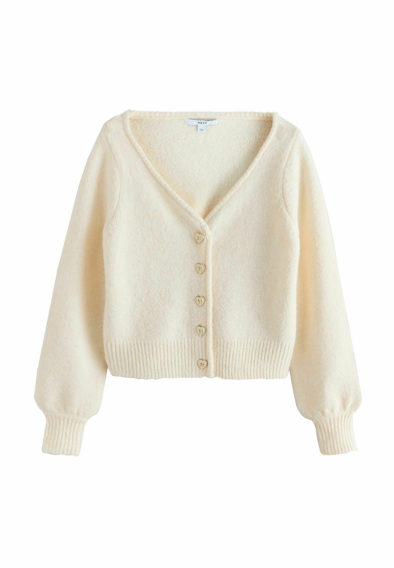 Cardigan de couleur crème en tissu doux, avec un col en V, des poignets et un ourlet côtelés, et des boutons en forme de cœur sur le devant.
