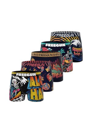 Cinq caleçons boxers colorés avec des motifs de squelettes et sur le thème tropical, chacun arborant le logo "FREEGUN" sur la ceinture.