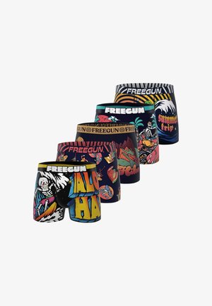 Cinq caleçons boxers colorés avec des motifs de squelettes et sur le thème tropical, chacun arborant le logo "FREEGUN" sur la ceinture.