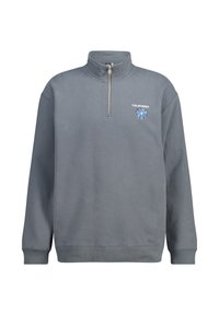 Gray pullover sweatshirt made of soft fabric, featuring a quarter zipper, high collar, and an embroidered blue flower with "CALIFORNIA."