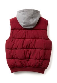 Bordový puff vest s šedou kapucí, bezrukávový design a s žebrovaným lemem. Obsahuje prošívanou texturu s horizontálním šitím.