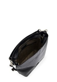 Black crocodile-pattern leather handbag with silver hardware, open to show beige interior lining and inner zippered pocket and compartments.