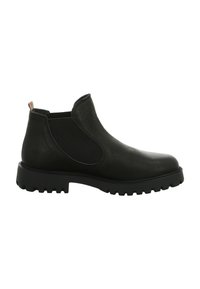 Botas de tobillo de cuero negro que presentan paneles laterales elásticos, un acabado texturizado y una suela negra resistente con surcos pronunciados. Asa de acento en la parte posterior.