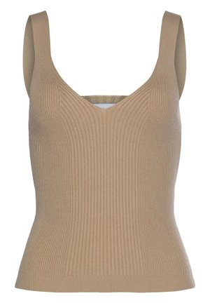 Débardeur côtelé couleur kaki avec larges bretelles, encolure en V, et une silhouette ajustée, présentant une texture lisse sans éléments métalliques visibles.