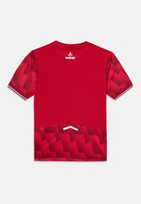 Röd sporttröja med texturerad design, kontrasterande mönstrade ärmar, logotyp vid halsen och vita randiga accenter på ärmarna.