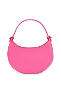 Borsa in pelle rosa con forma curva, una tracolla e una texture liscia. Presenta una chiusura con zip e dettagli di cucitura sottili.