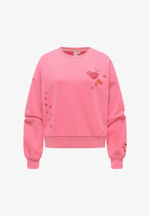 Rosa Sweatshirt mit Rundhalsausschnitt, verziert mit kleinen roten Herzen, orangen Blumen und einem Vogelmotiv nahe der Brust und an den Ärmelsäumen.