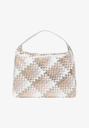 Sac tissé dans des nuances métalliques de rose, argent et or, avec une surface douce et texturée et une seule bandoulière plate.