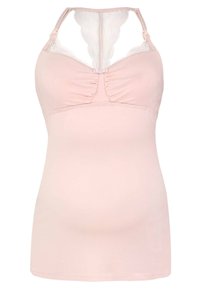 Materniteit tanktop in lichtroze, met een gerimpelde voorkant, kantdetails bij de halslijn en verstelbare schouderbanden voor comfort.