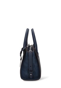 Donkerblauwe leren handtas met een gestructureerde vorm, dubbele bovenhandvatten en een ritssluiting. Heeft subtiele stiksels en een afneembare riem.