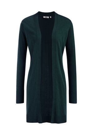 Mørkegrøn cardigan med lange ærmer og åben front med ribkant ved ærmer, kant og lodret detalje langs forkanterne.
