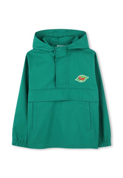 Giacca verde con cappuccio, dotata di zip a metà davanti, caratterizzata da una grande tasca frontale, polsini elasticizzati e un patch con logo. Tessuto morbido e leggero.