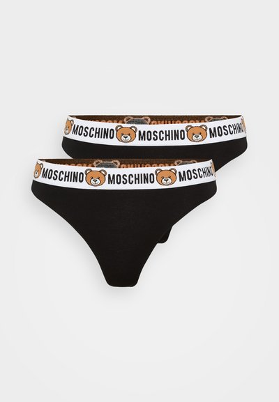 String noir en coton avec une ceinture blanche ornée d'un design de ours en dessin animé et du logo "Moschino" imprimé tout autour.