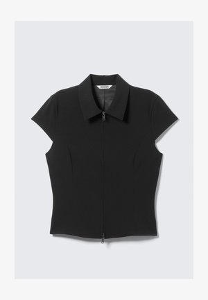 Black short-sleeve fitted blouse with pointed collar and front zipper, labeled "Weekday," displayed against a light background.