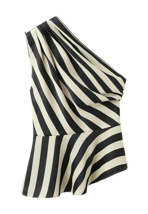 Blouse asymétrique une épaule à rayures noires et blanches avec un ourlet asymétrique et un détail de tissu drapé en haut.