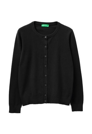 Schwarzer, langärmliger, geknöpfter Cardigan mit Rundhalsausschnitt und gerippten Bündchen sowie Saum, flach liegend auf weißem Hintergrund.