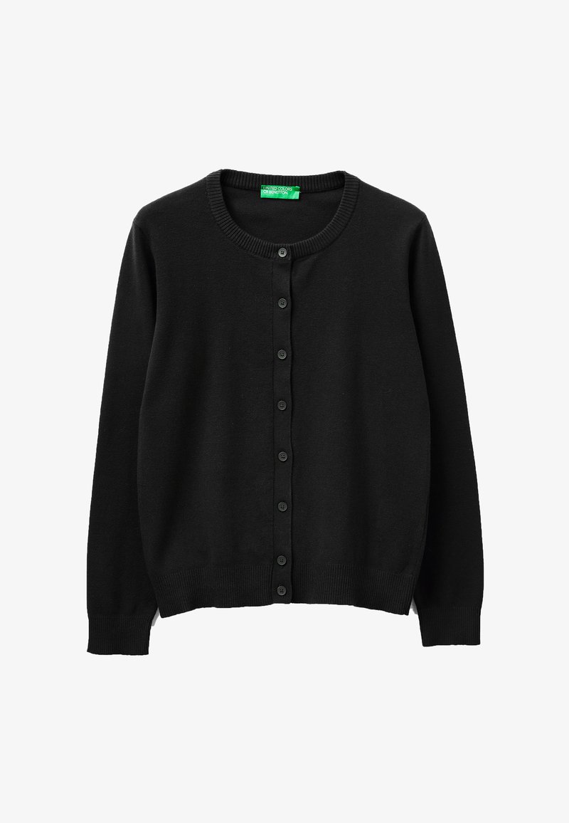 Cardigan noir à manches longues avec boutons, col rond et poignets et ourlet côtelés, présenté à plat sur fond blanc.