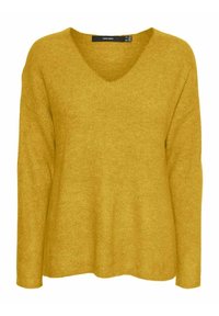 Maglione giallo senape a scollo a V, realizzato in materiale a coste, presenta maniche lunghe e una vestibilità rilassata con una silhouette leggermente oversize.