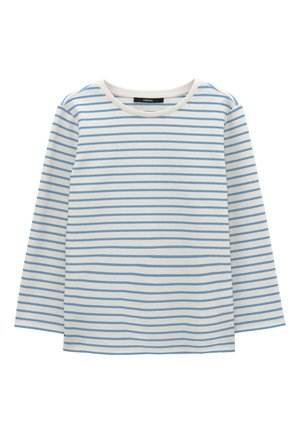 Haut à manches longues et col rond en blanc avec des rayures horizontales bleues. Tissu en coton doux avec une coupe décontractée et un col côtelé.