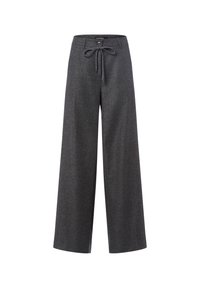 Gray wide-leg trousers made of a textured fabric, featuring a drawstring waist and button closure. Clean lines and no visible patterns.