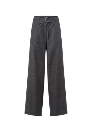 Gray wide-leg trousers made of a textured fabric, featuring a drawstring waist and button closure. Clean lines and no visible patterns.