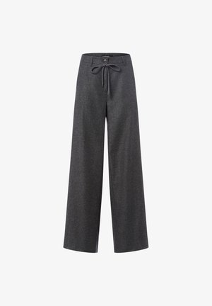 Gray wide-leg trousers made of a textured fabric, featuring a drawstring waist and button closure. Clean lines and no visible patterns.