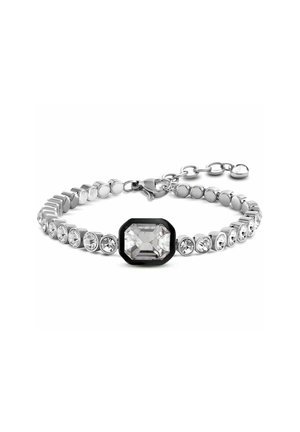 Bracciale argento con una pietra centrale ottagonale trasparente circondata da cristalli tondi trasparenti, una catena testurizzata e una chiusura regolabile.