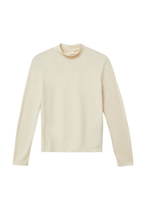 Langsleeve top in zachte crèmekleurige stof, met een hoge halslijn en een minimalistisch ontwerp zonder zichtbare hardware of patronen.