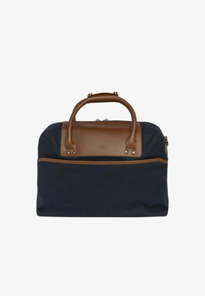 Borsa in canvas blu navy con dettagli in pelle marrone, dotata di manico superiore e tasca frontale con zip. Texture liscia, forma compatta.