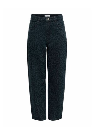 Jean anthracite foncé à jambes larges, orné d’un discret imprimé léopard, avec fermeture à bouton, passants de ceinture et poches avant.