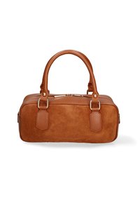 Borsa in camoscio e pelle marrone con doppi manici arrotondati, chiusura con zip e dettagli in hardware dorato. Forma rettangolare con dettagli texturizzati.