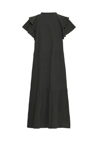 Robe midi noire avec manches courtes volantées, jupe à étages et encolure ronde froncée en tissu léger.