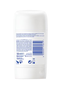White plastic stick deodorant container with a curved top. Contains a blue label with text, barcode, and symbols. Volume: 50 ml.