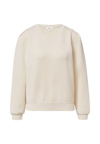 Felpa color crema realizzata in materiale morbido, caratterizzata da un collo rotondo, maniche lunghe con polsini elasticizzati e una vestibilità comoda.