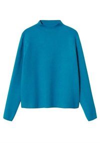 Türkiser Langarmpullover mit hohem Kragen, aus einem glatten Stoff gefertigt. Bequeme Passform und gerader Saum. Keine sichtbaren Beschläge.