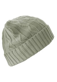 Beanie lavorato a maglia in una tonalità di verde salvia soft, con un motivo a treccia testurizzato e un orlo a coste per un maggiore calore e stile.