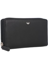 Zwarte leren portefeuille met een ritssluiting, voorzien van een subtiele logo-accent en een gestructureerd oppervlak. Compact rechthoekig van vorm met een gladde afwerking.