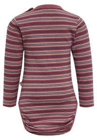 Randig långärmad plagg med rundad nederkant. I huvudsak rosa, med tunna mörkblå och ljusbeige ränder. Mjuk och lätt tyg.