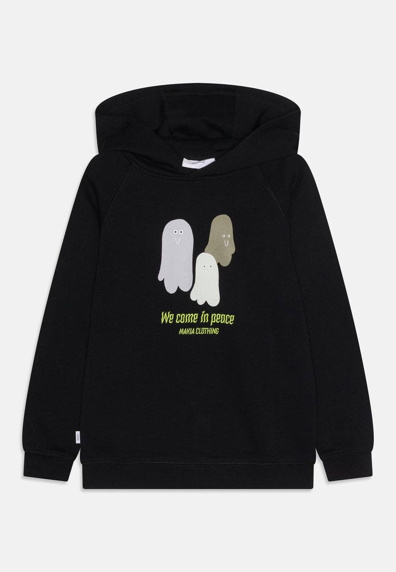 Black hoodie made from soft fabric featuring three cartoon ghost designs in grey, white, and green, with the text "We come in peace" below.