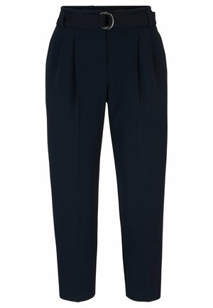 Marineblaue Hose mit Gürtelbund, ausgestattet mit Falten und geradem BeinDesign. Hergestellt aus einem weichen Stoff mit glatter Textur.