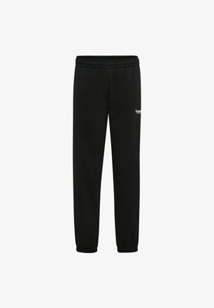 Sorte sweatpants med elastisk talje og manchetter, lavet af blødt materiale, med et hvidt logo på venstre lår. Enkel og funktionel design.