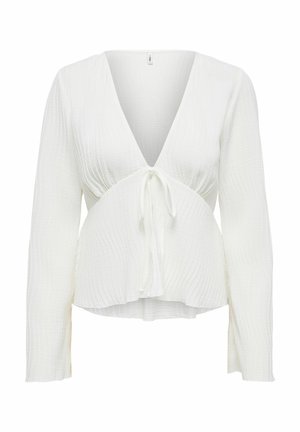 Chemisier blanc à manches longues avec un décolleté en V profond et une fermeture à nouer à l'avant. Fabriqué en tissu texturé avec un motif côtelé subtil.