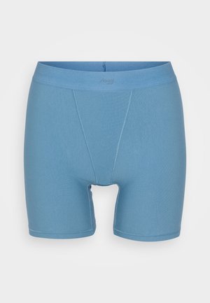 Men's blue cotton stretch boxers with a smooth texture, elastic waistband, and a small branded logo. Features a mid-thigh length design.