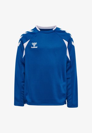 Blaues Sporttrikot mit langen Ärmeln, weißen Chevron-Mustern auf den Schultern, weißem Kragenbesatz und einem weißen Hummel-Logo auf der Brust.