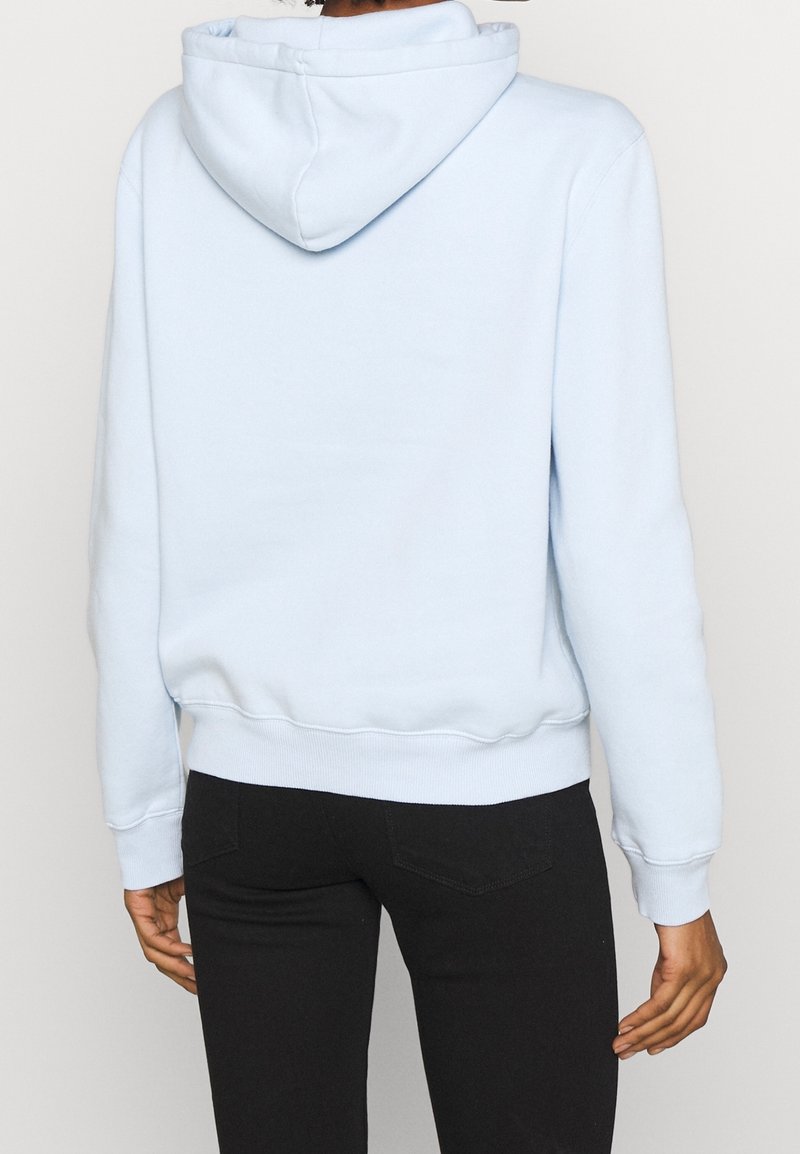 Jasnoniebieska bluza z kapturem ze sznurkiem, z prążkowanymi mankietami i dołem. Gładka tekstura, luźny krój i widok z tyłu eksponujący minimalistyczne detale.